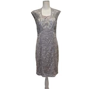 Sue Wong Nocturne Gray Silver Embroidered Lace Sheath Cocktail Dress, Size 8